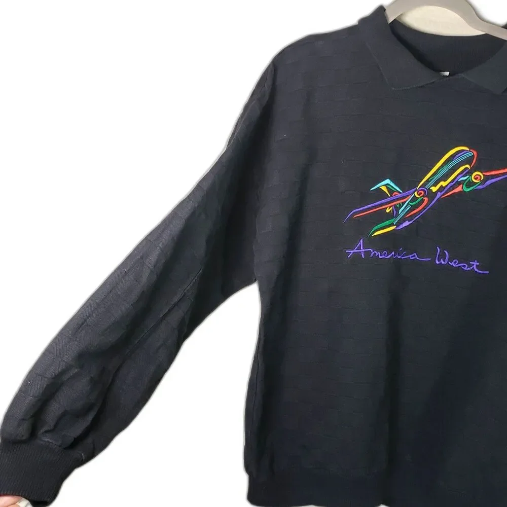 Men's 80s Vintage Retro Black America West Airlines Polo Sweatshirt
